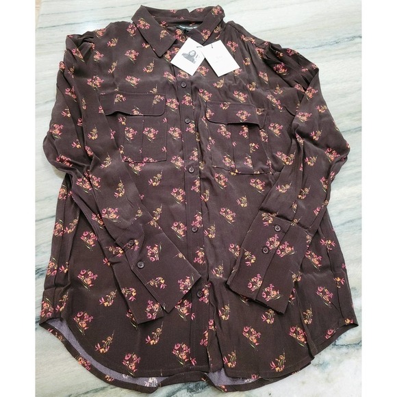 Something Navy Brown Floral Button Down Top Extra Small - Picture 2 of 7